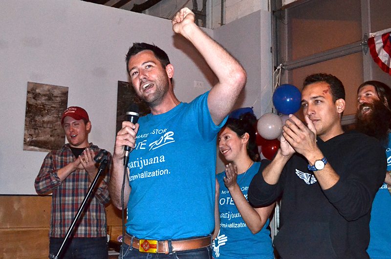 Pat Davis, executive director of Progress Now New Mexico, gives a victory speech after the ballot measure for working toward the decriminalization of marijuana was passed on Tuesday, Nov. 4, 2014. The ballot memorandum passed in both Albuquerque and Santa Fe. (Kyle Tomasi/NM News Port)