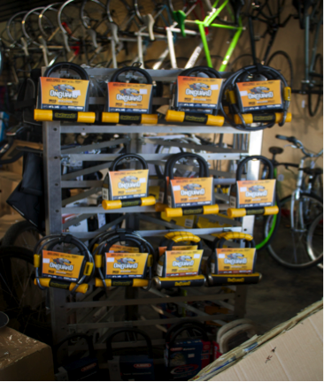 The Bike Coop sells a variety of locks. The U-lock is the most recommended lock for anti-theft purposes. Photo by Nayla Degreff.