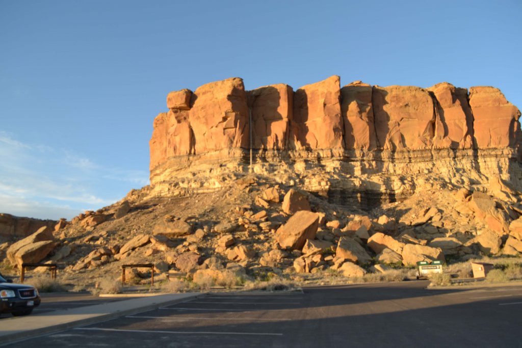 Canyon Loop Drive at Chaco-Culture National Historical Park is a scenic drive with many rock formations, like one pictured here near the visitor center. Photo by Tania Martinez/NMNP