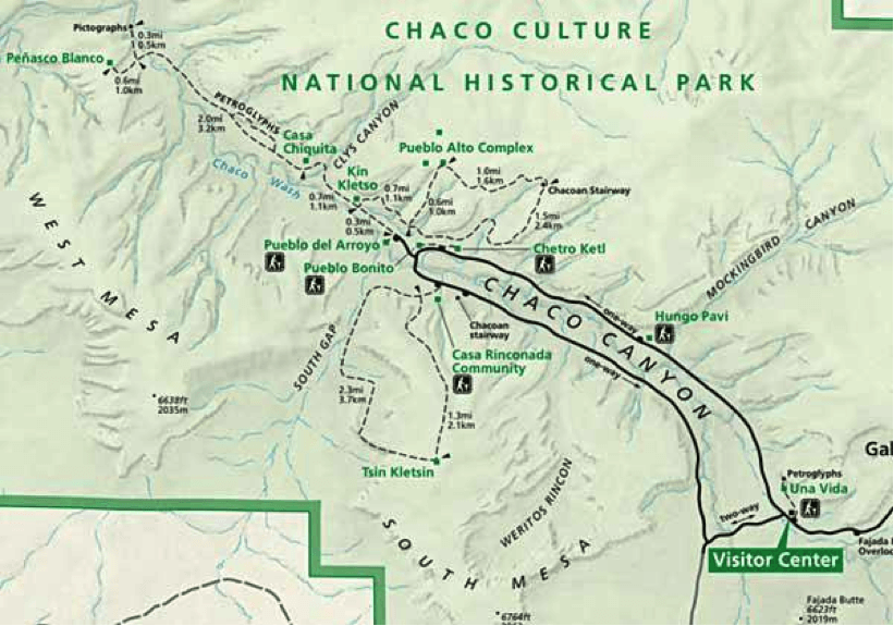A map of Chaco Canyon's main sites along Canyon Loop Drive's self-guided tour. Map courtesy of nps.gov