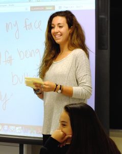 Former AVID student Lexi Palmer facilitates a discussion on insecurities with a group of eighth graders at Jimmy Carter Middle School on Thursday morning. By Jenna Stoff/ New Mexico News Port 