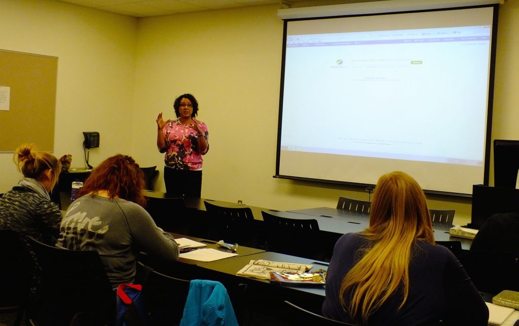 Tamara Thorpe discusses how to craft a persuasive speech with her public speaking class at Brown Mackie College Nov. 4. 