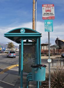 An ABQ Ride Route 66 bus stop located on Central Avenue. Route 66 is used most often by Albuquerque residents. Photo by Brenna Kelly / NM News Port 