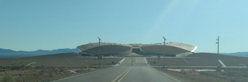 The spaceport sits in the open desert between Albuquerque and Truth or Consequences. For the April open house, visitors were allowed in the hangar on the right. Photo by Marissa Higdon / NM News Port. 