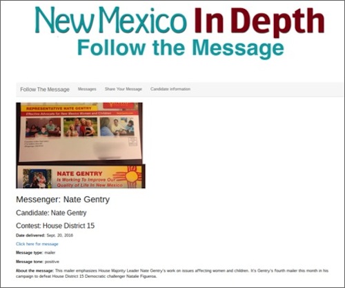 A campaign message submission on New Mexico In Depth’s webpage, where contributors can send campaign messages to be uploaded to a searchable database. Source: New Mexico In Depth website / Fin Martinez