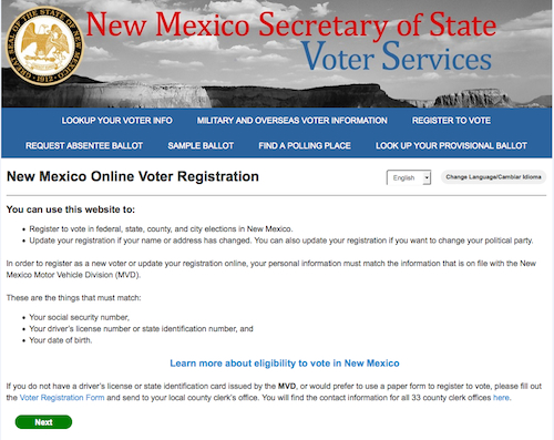 Snapshot of the NM voter registration page. The site has been active since the beginning of 2016. Source: Secretary of State website