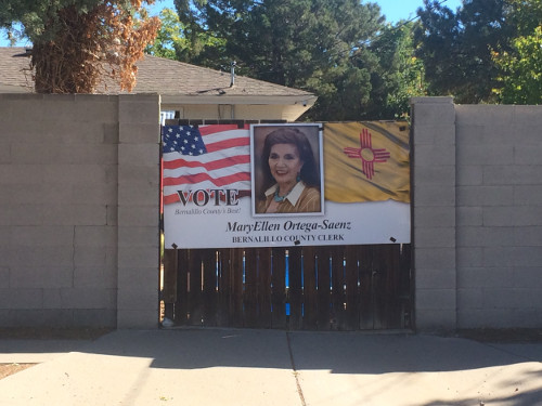 Campaign sign for Maryellen Ortega-Saenz on Pennsylvania Blvd. Ortega-Saenz is a proponent of Voter ID laws. Photo by Zakary Garcia / NM News Port