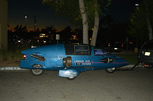 Gary Johnson rocket car stands in front of the entrance of Hotel Albuquerque on election night. Photo by Viridiana Vasquez / NM News Port