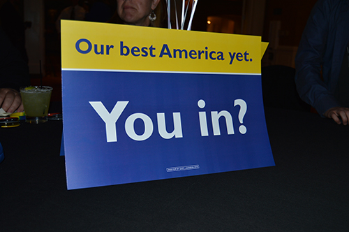 Our Best America Yet. You In? poster put in the middle of the tables around the event. Hotel Albuquerque Nov. 8, 2016. Photo by Viridiana Vasquez / NM News Port