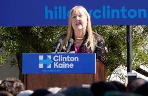 Elizabeth Thomson (D), candidate for NM House Representatives, District 24, speaks to a rally at the University of New Mexico on October 19th, 2016. Thomson appeared with Vermont Senator Bernie Sanders, as he campaigned for Hillary Clinton.
