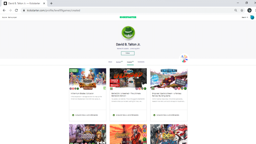 screenshot of Kickstarter page for Level99 Games